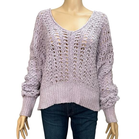 Free People Best Of You Oversized Sweater Large Open Knit Pullover Boho Purple - Picture 1 of 9